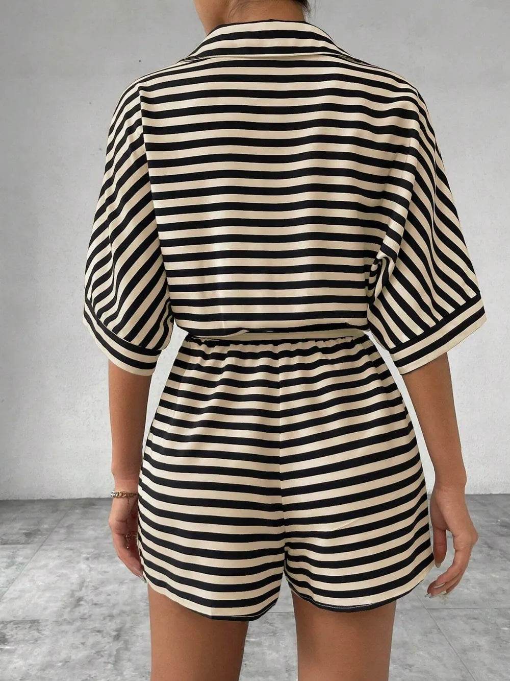 Tie Waist Half Button Striped Romper - Ultim8 Designs 4 U