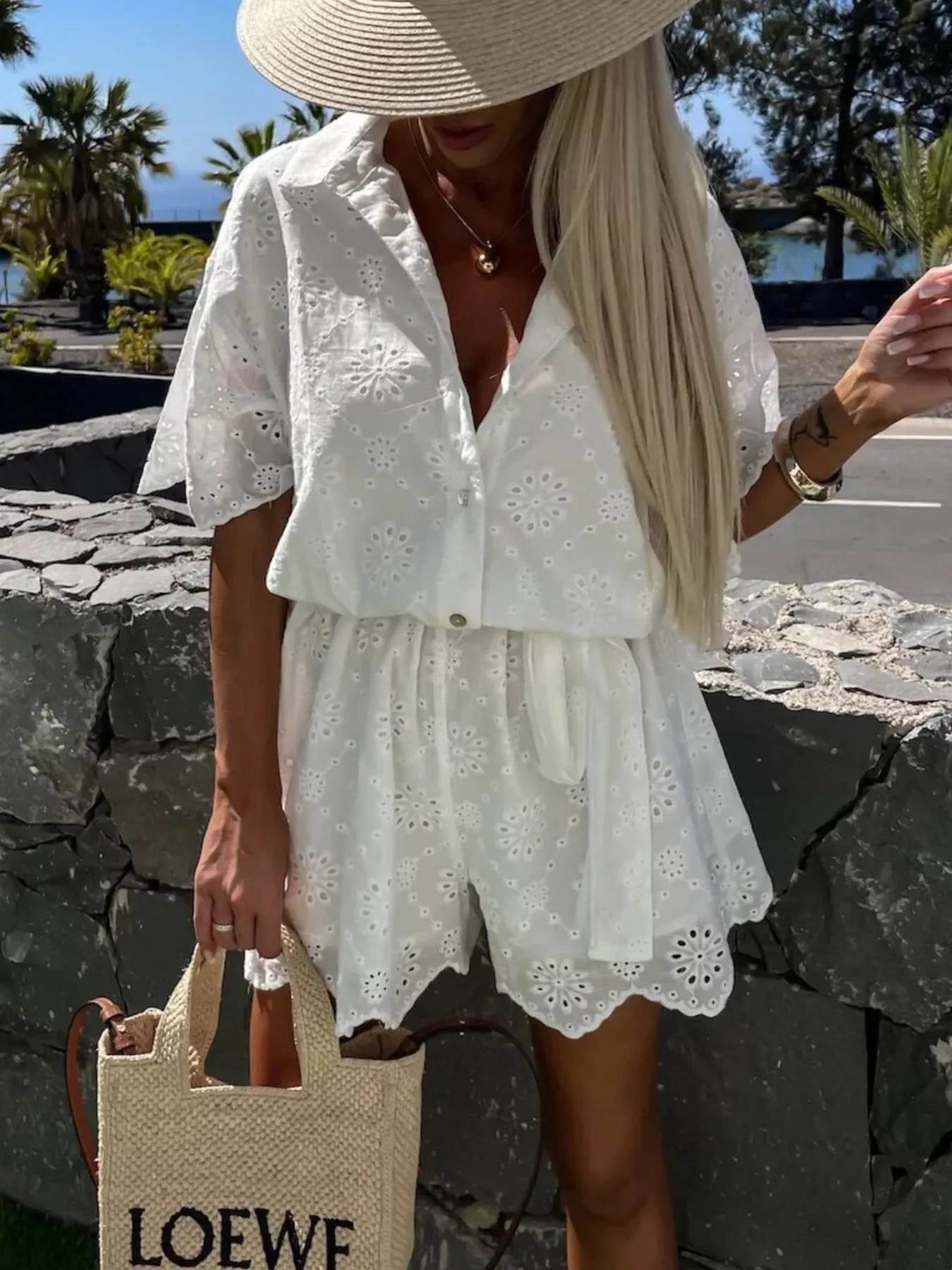 Eyelet Lace Button-Up Romper - Ultim8 Designs 4 U