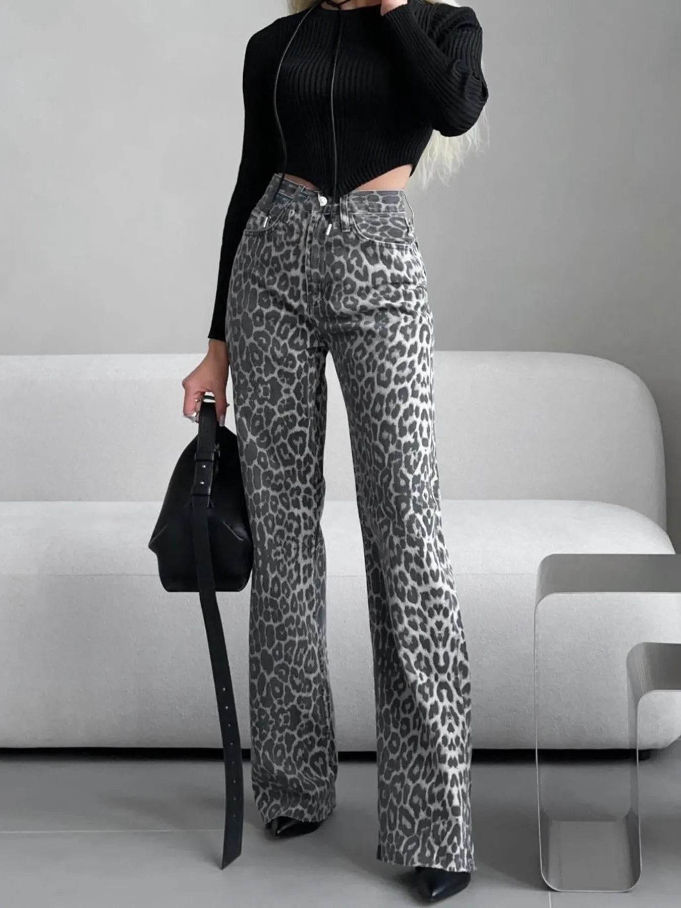 High-Waisted Leopard Print Flare Jeans - Ultim8 Designs 4 U