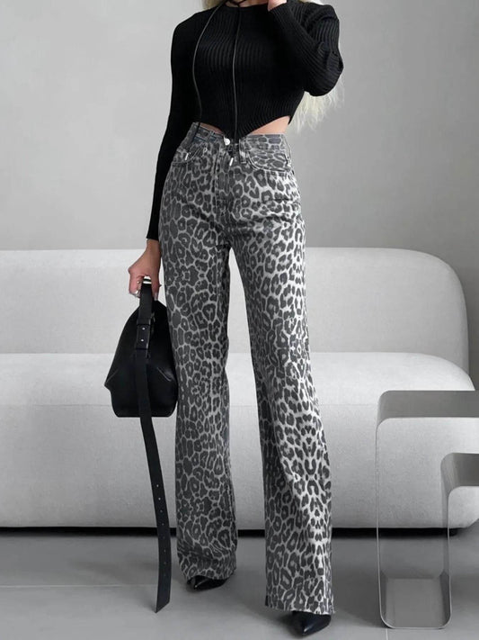 High-Waisted Leopard Print Flare Jeans - Ultim8 Designs 4 U
