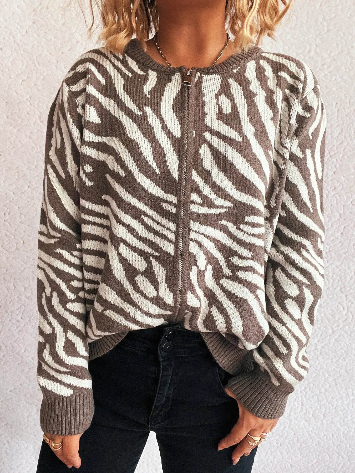 Zebra Print Zip Up Cardigan - Ultim8 Designs 4 U