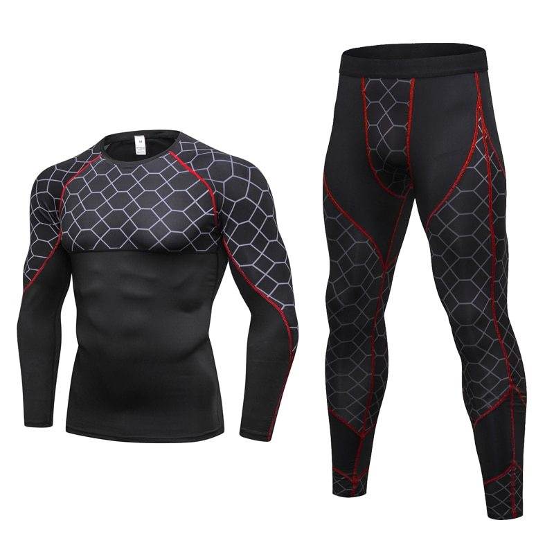 Men's Compression Run jogging Suits Grid Clothes Sports Set Long t shirt And Pants Gym Fitness workout Tights clothing 2pcs Sets - Ultim8 Designs 4 U