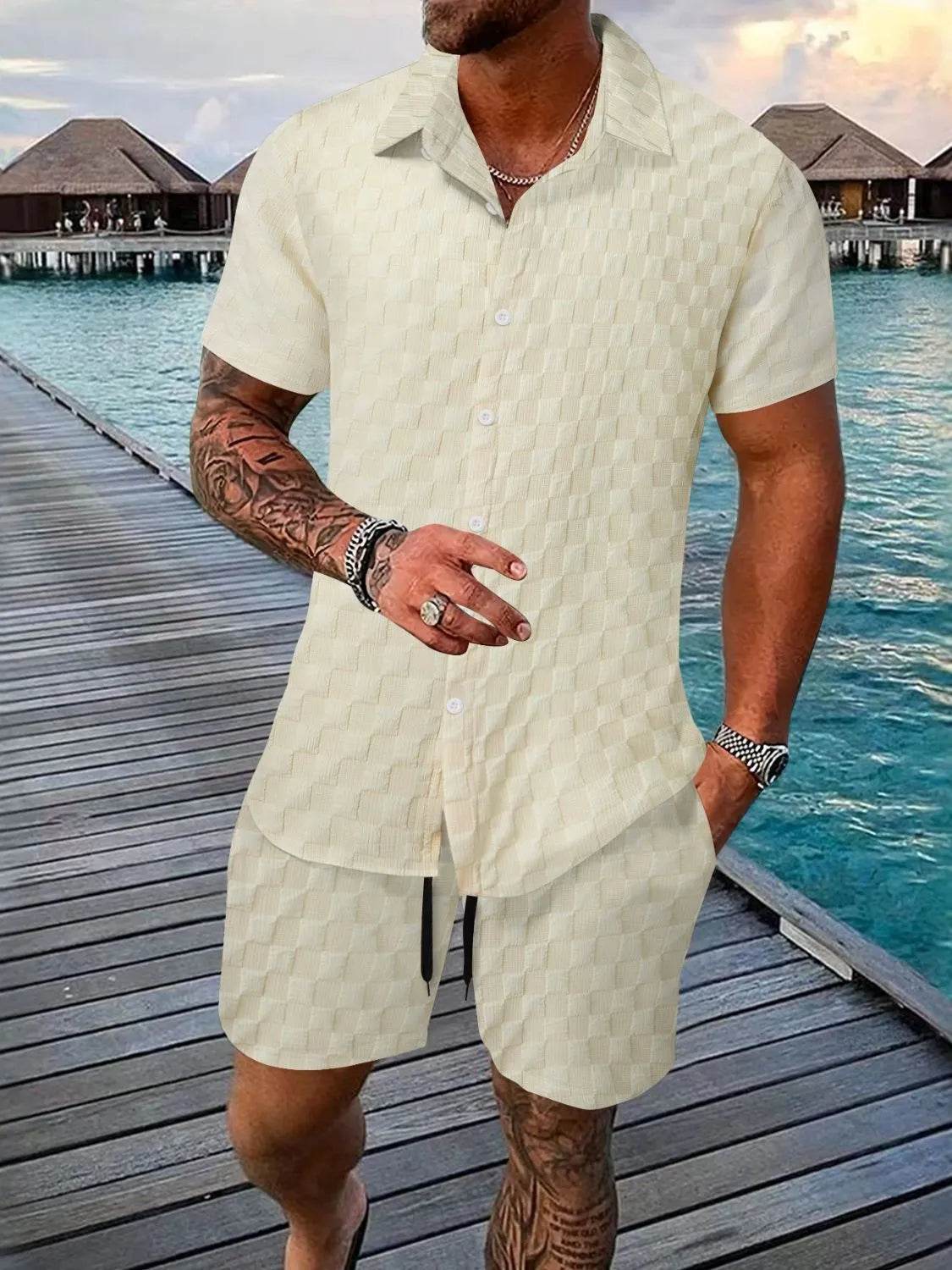 Men's Full Size Collared Neck Short Sleeve Top and Shorts Set Plus Size - Ultim8 Designs 4 U