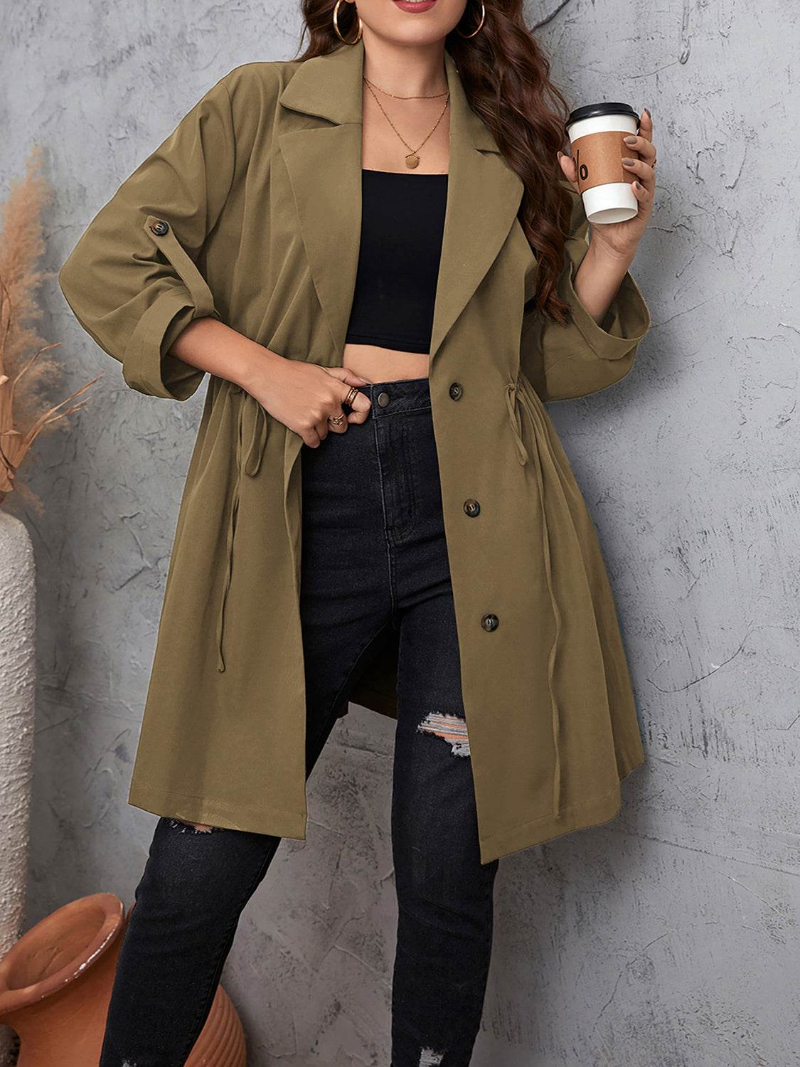 Honey Plus Size Lapel Collar Drawstring Roll-Tab Sleeve Trench Coat - Ultim8 Designs 4 U