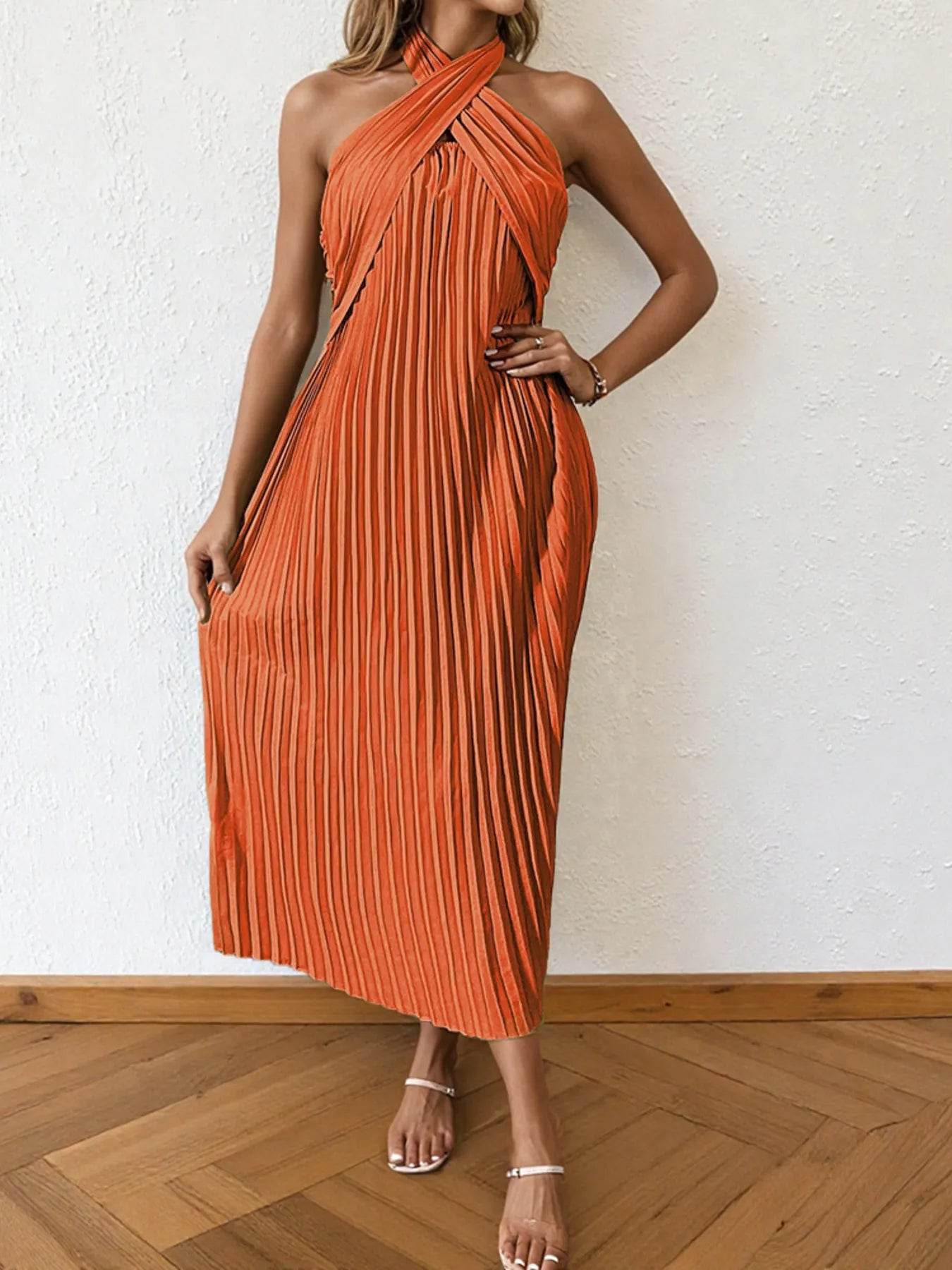 Pleated Halter Neck Midi Dress - Ultim8 Designs 4 U