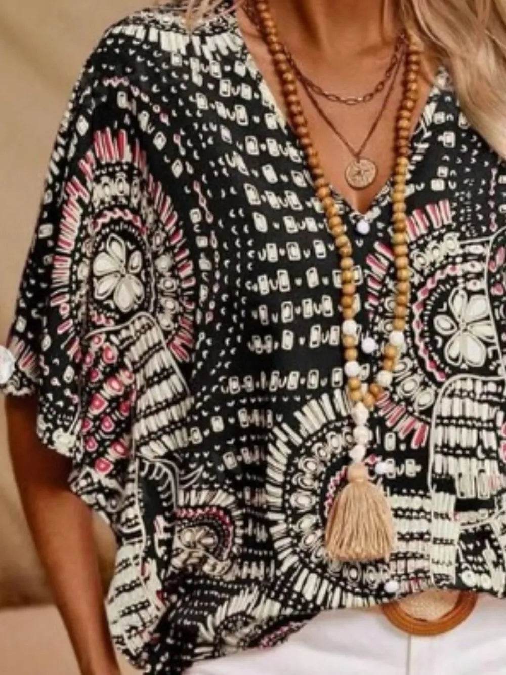 Printed V-Neck Half Sleeve Top - Ultim8 Designs 4 U