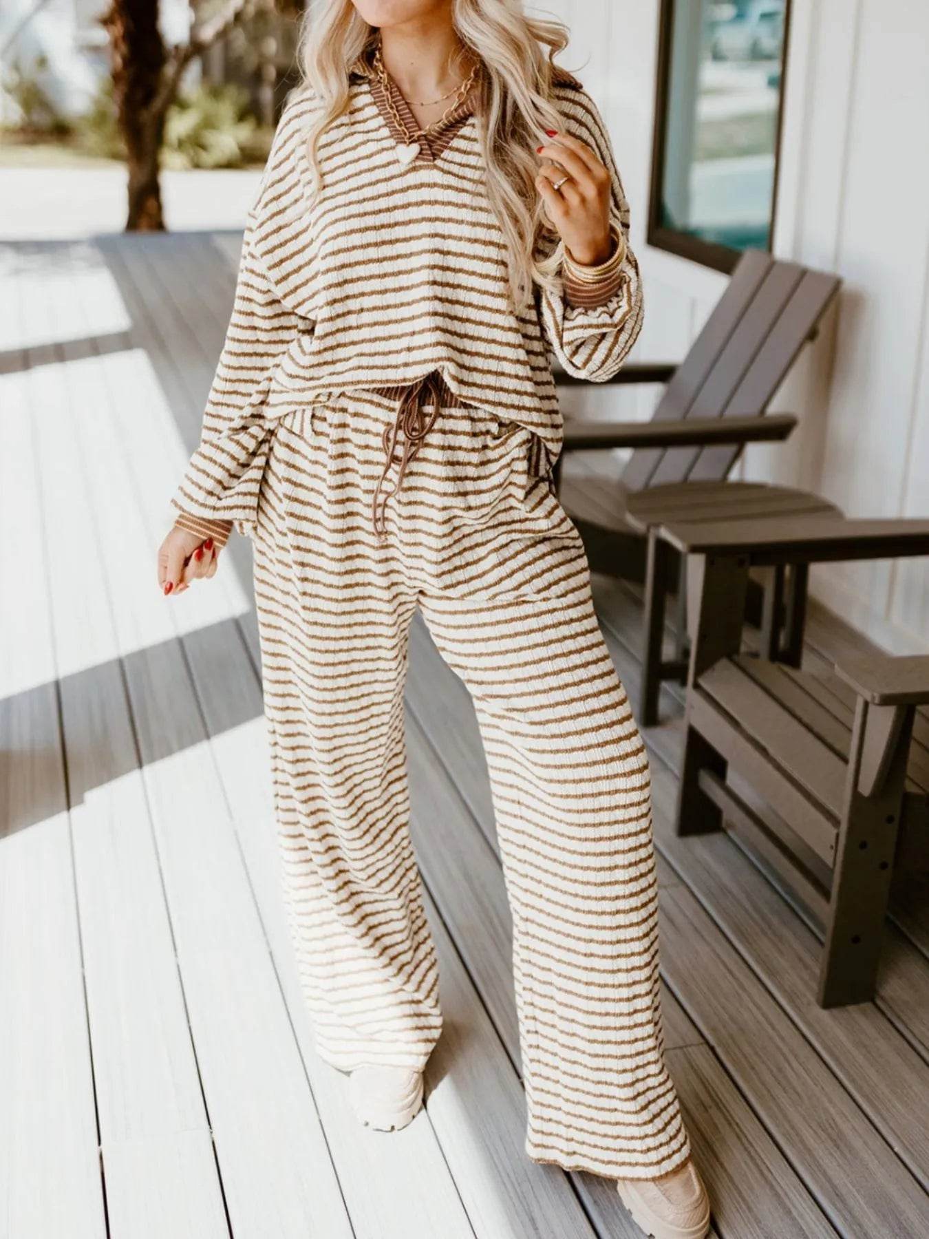 Stripe Collared Top and Drawstring Pant Set - Ultim8 Designs 4 U