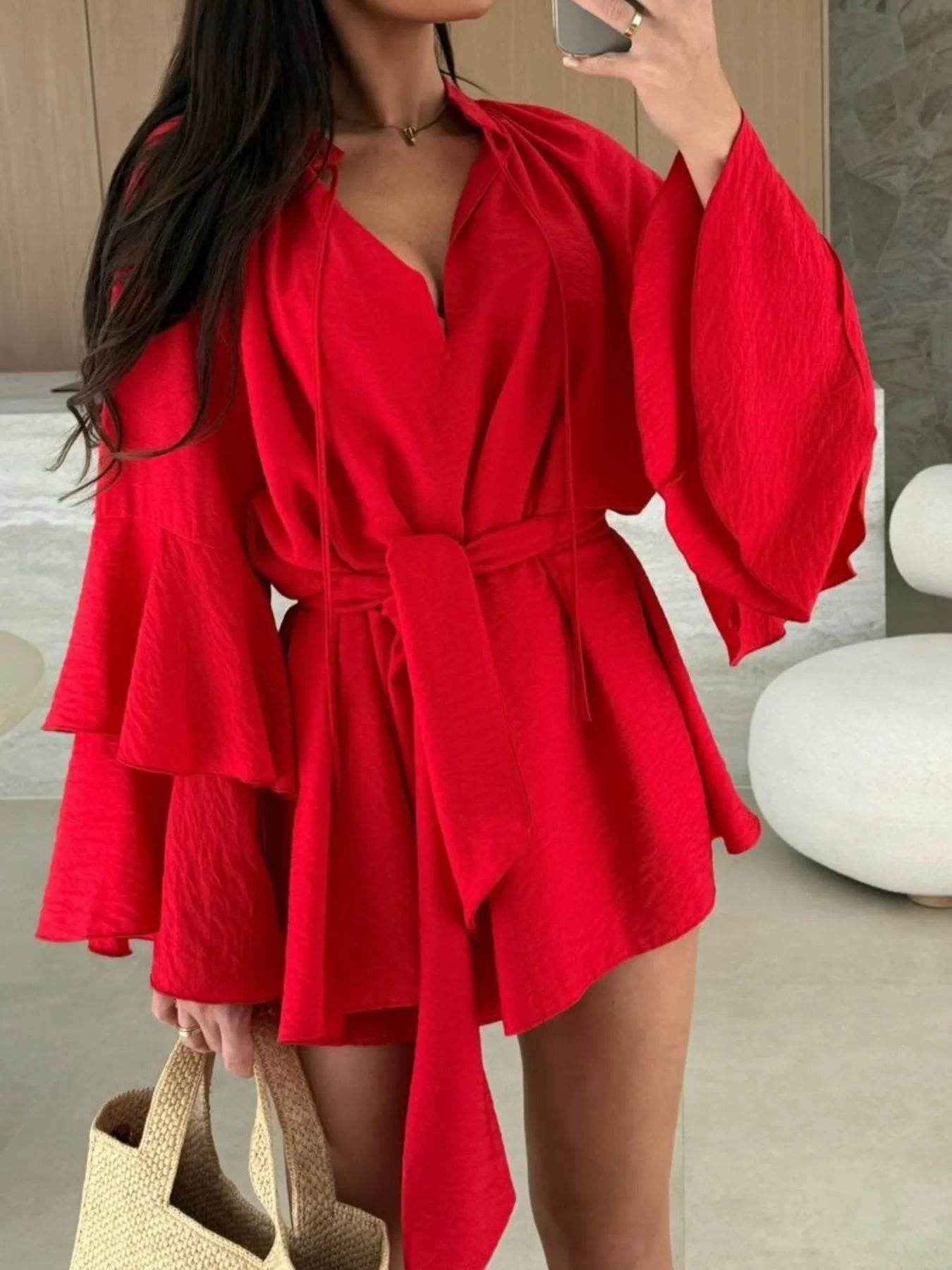 Bell Sleeve Tie Waist Mini Shirt Dress - Ultim8 Designs 4 U