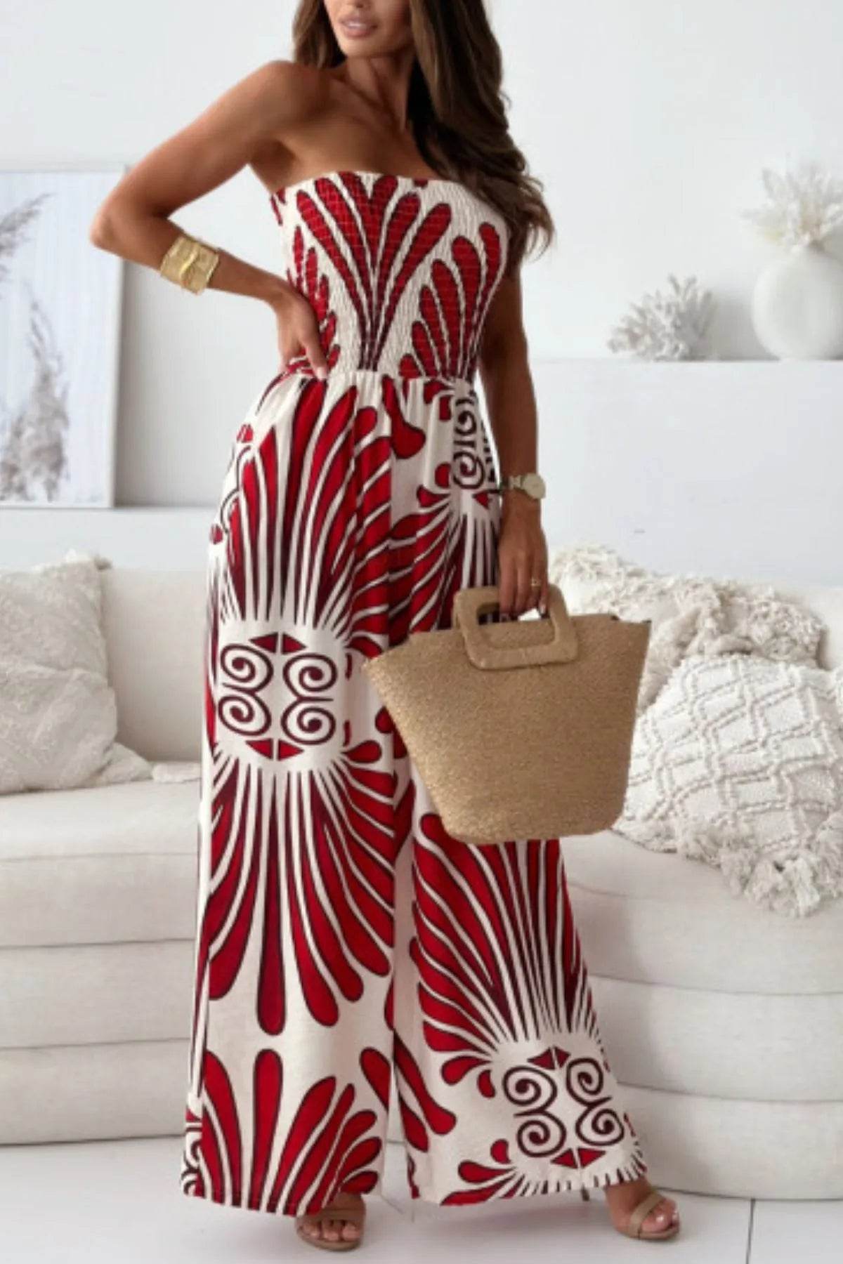 Printed Smocked Tube Wide Leg Jumpsuit - Ultim8 Designs 4 U