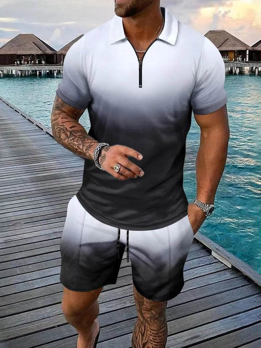 Men's Full Size Gradient Collared Neck Top and Shorts Set Plus Size - Ultim8 Designs 4 U