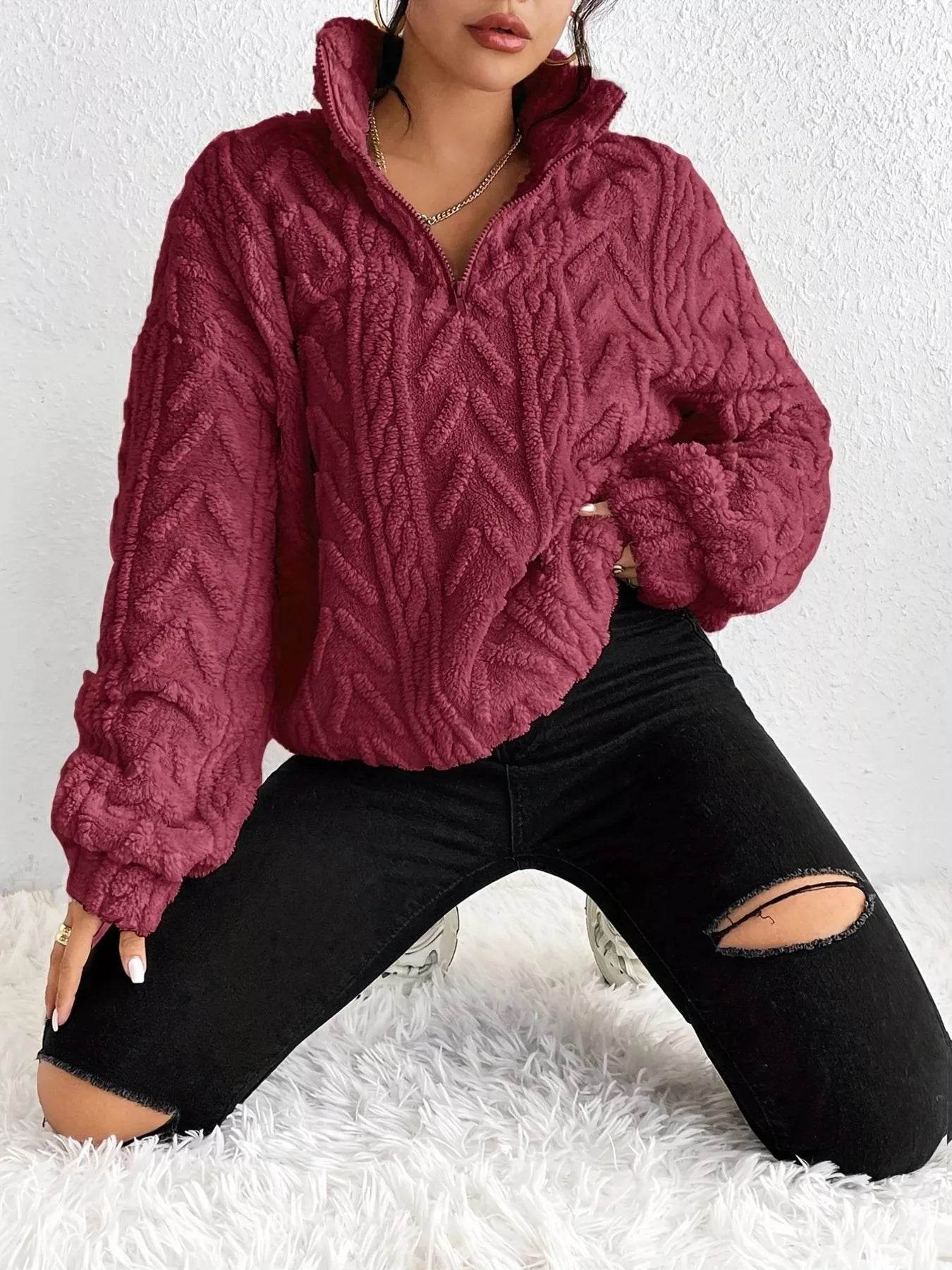 Quarter Zip Dropped Shoulder Sherpa Sweatshirt - Ultim8 Designs 4 U