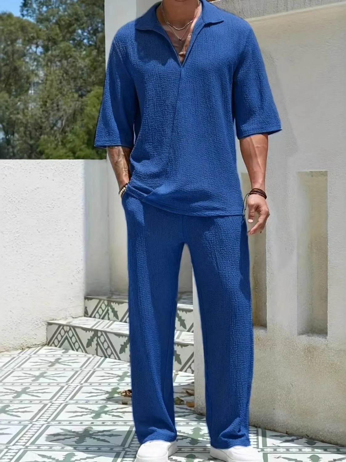 Men's Johnny Collar Half Sleeve Top and Pants Set - Ultim8 Designs 4 U
