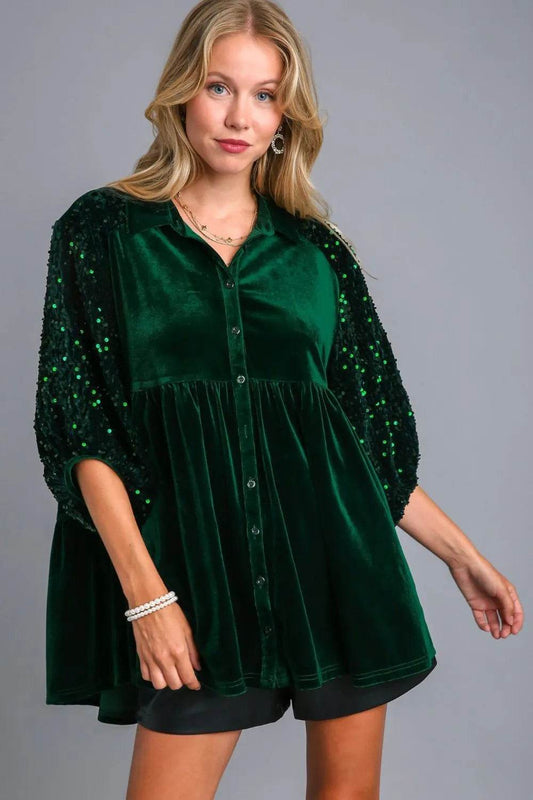 Umgee Sequin Detail Tiered Back Half Sleeve Shirt - Ultim8 Designs 4 U
