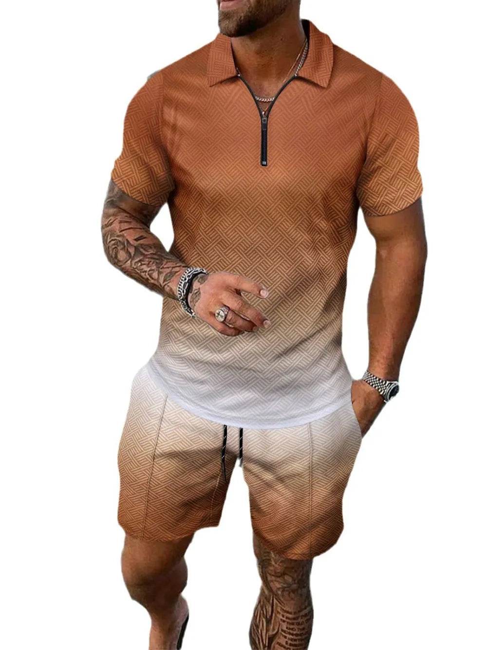 Men's Full Size Gradient Collared Neck Top and Shorts Set Plus Size - Ultim8 Designs 4 U