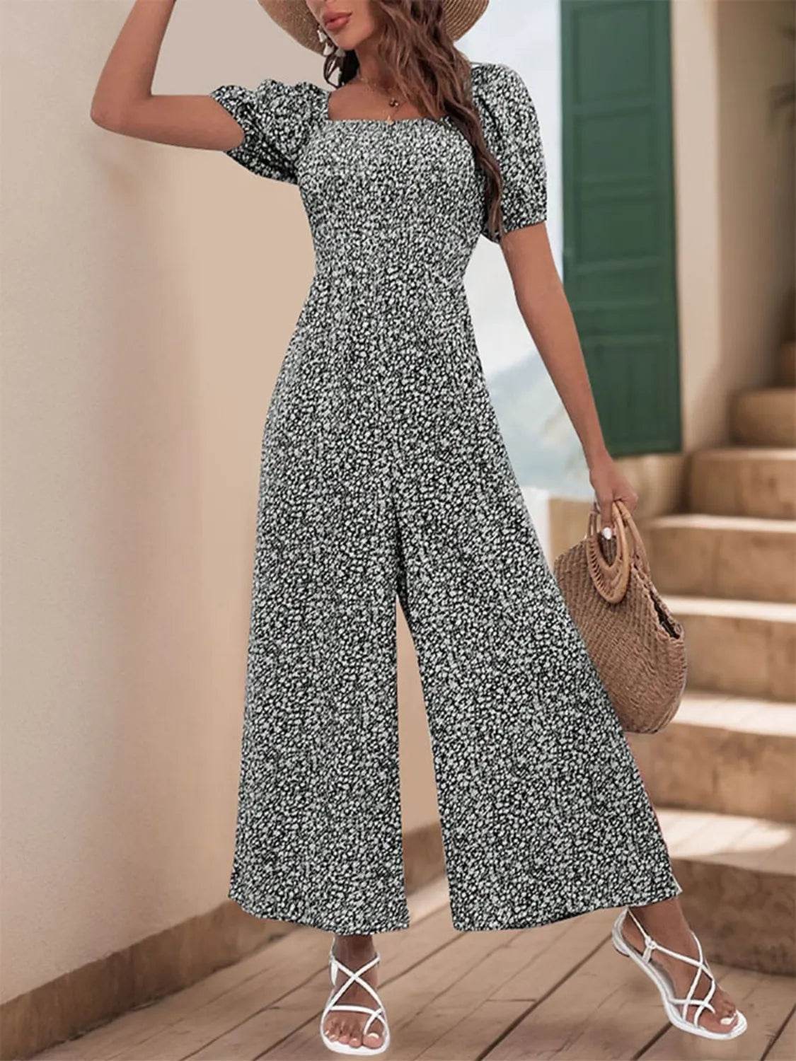 Printed Square Neck Puff Sleeve Jumpsuit - Ultim8 Designs 4 U