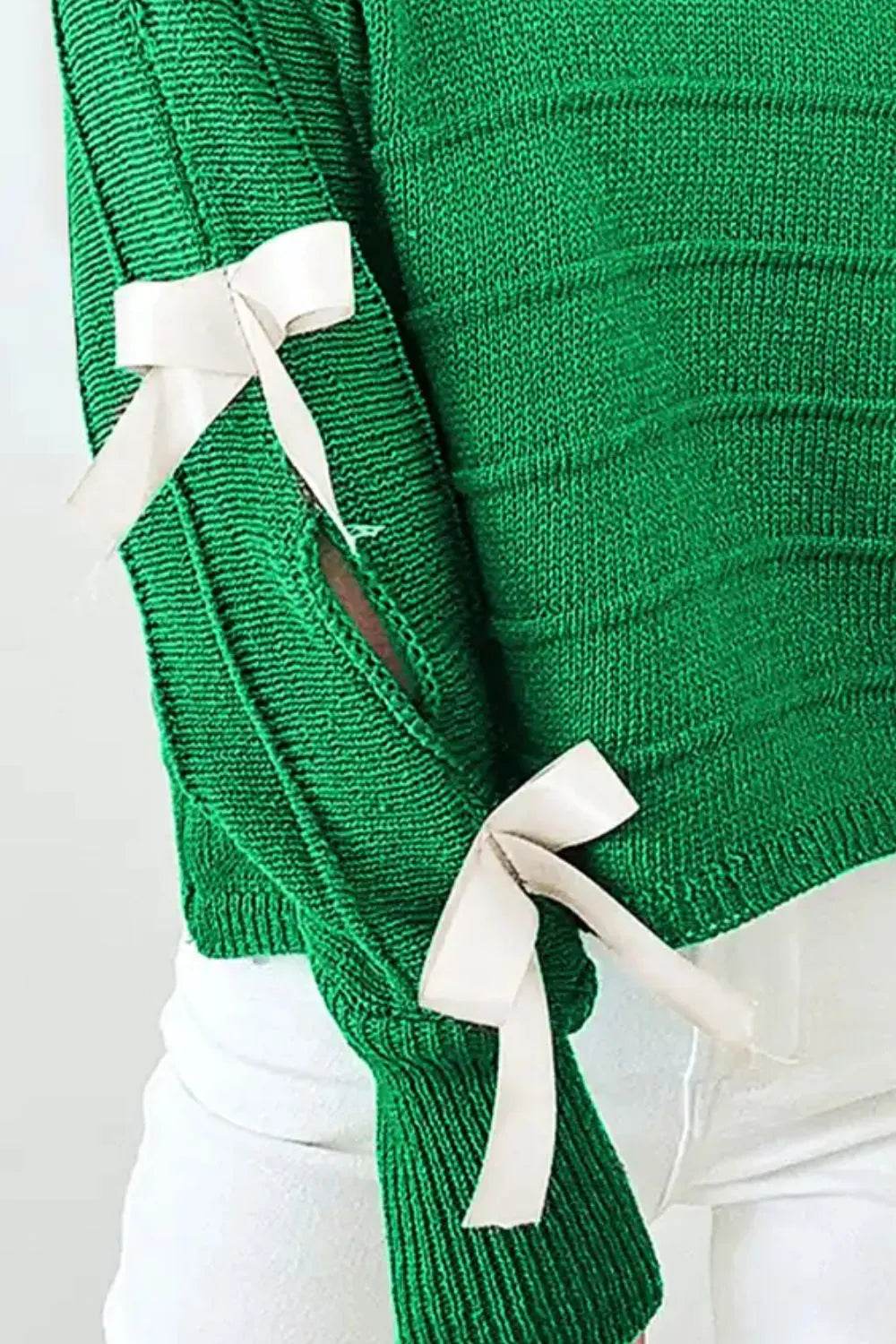 Bow Cutout Round Neck Long Sleeve Knit Top - Ultim8 Designs 4 U