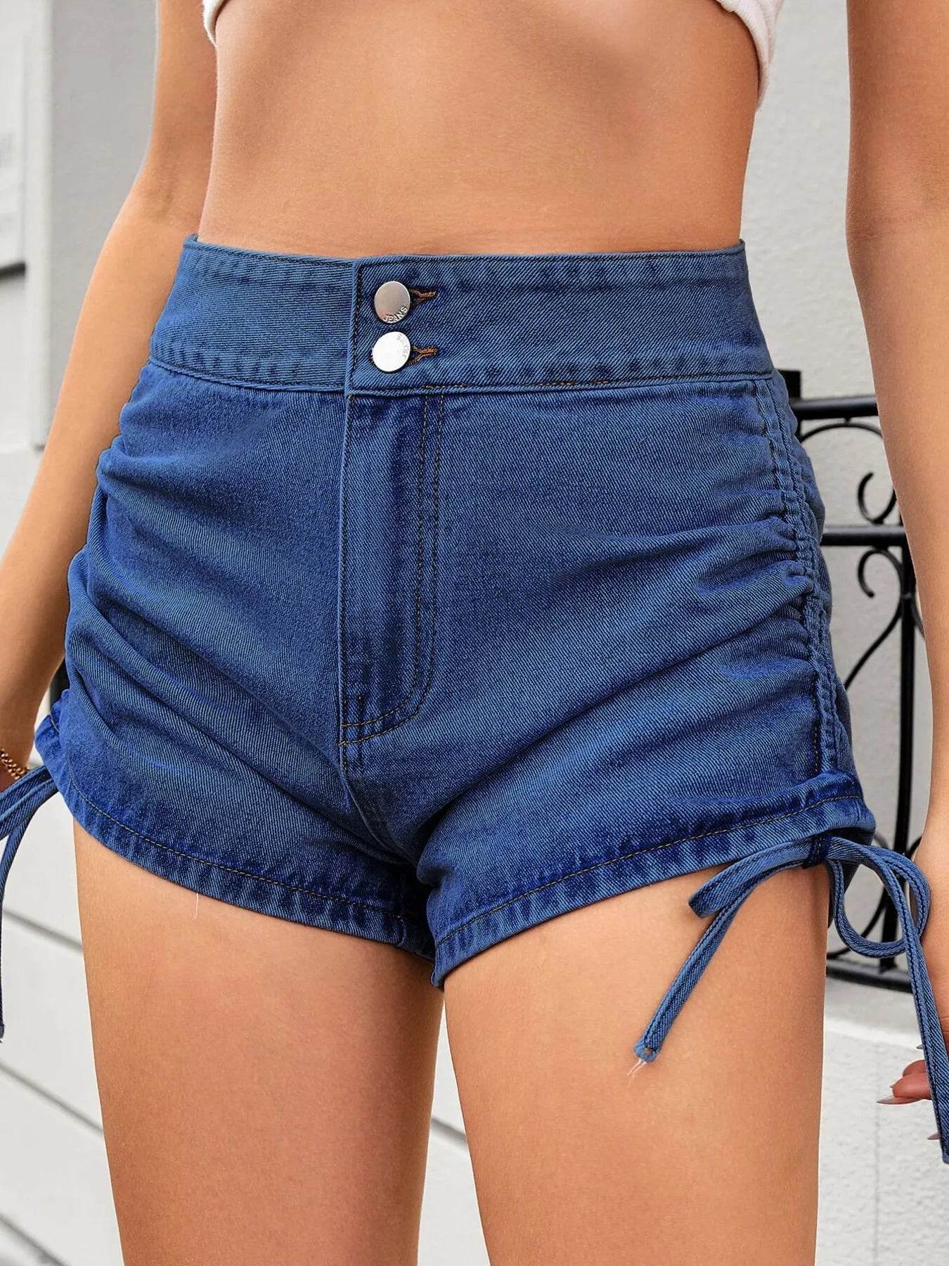 Ruched Side Drawstring Denim Shorts - Ultim8 Designs 4 U