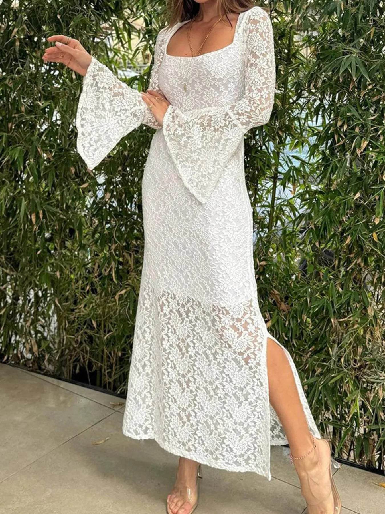 Lace Bell Sleeve Square Neck Bodycon Dress - Ultim8 Designs 4 U