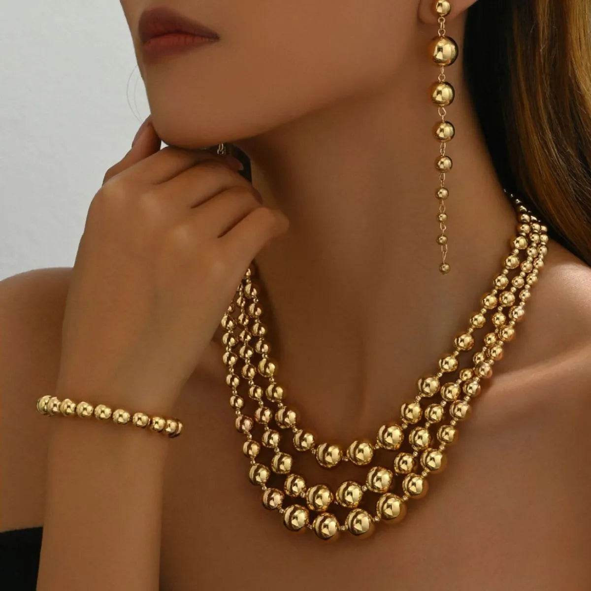 18K Stainless Steel Beaded Multi-Layered Necklace Bracelet Earrings Jewelry Set - Ultim8 Designs 4 U