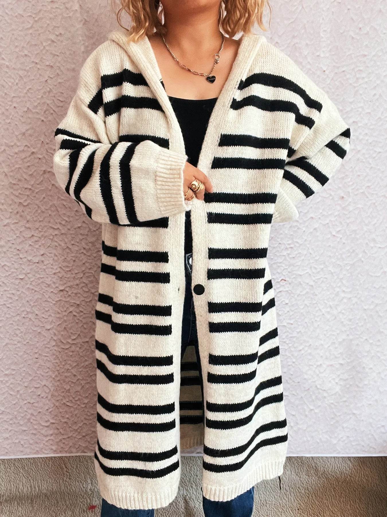 Striped Open Front Hooded Cardigan - Ultim8 Designs 4 U