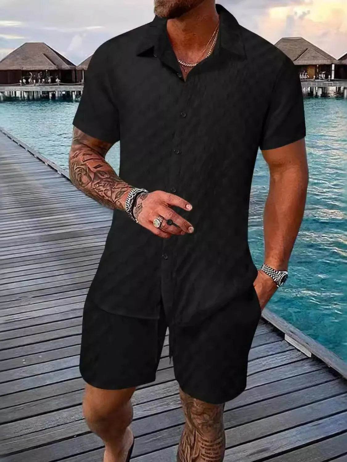 Men's Full Size Collared Neck Short Sleeve Top and Shorts Set Plus Size - Ultim8 Designs 4 U