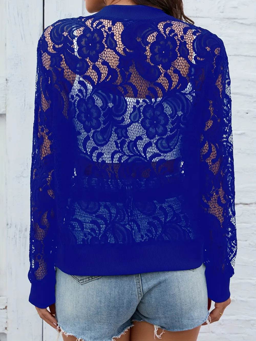 Sheer Lace Zip Up Long Sleeve Jacket - Ultim8 Designs 4 U