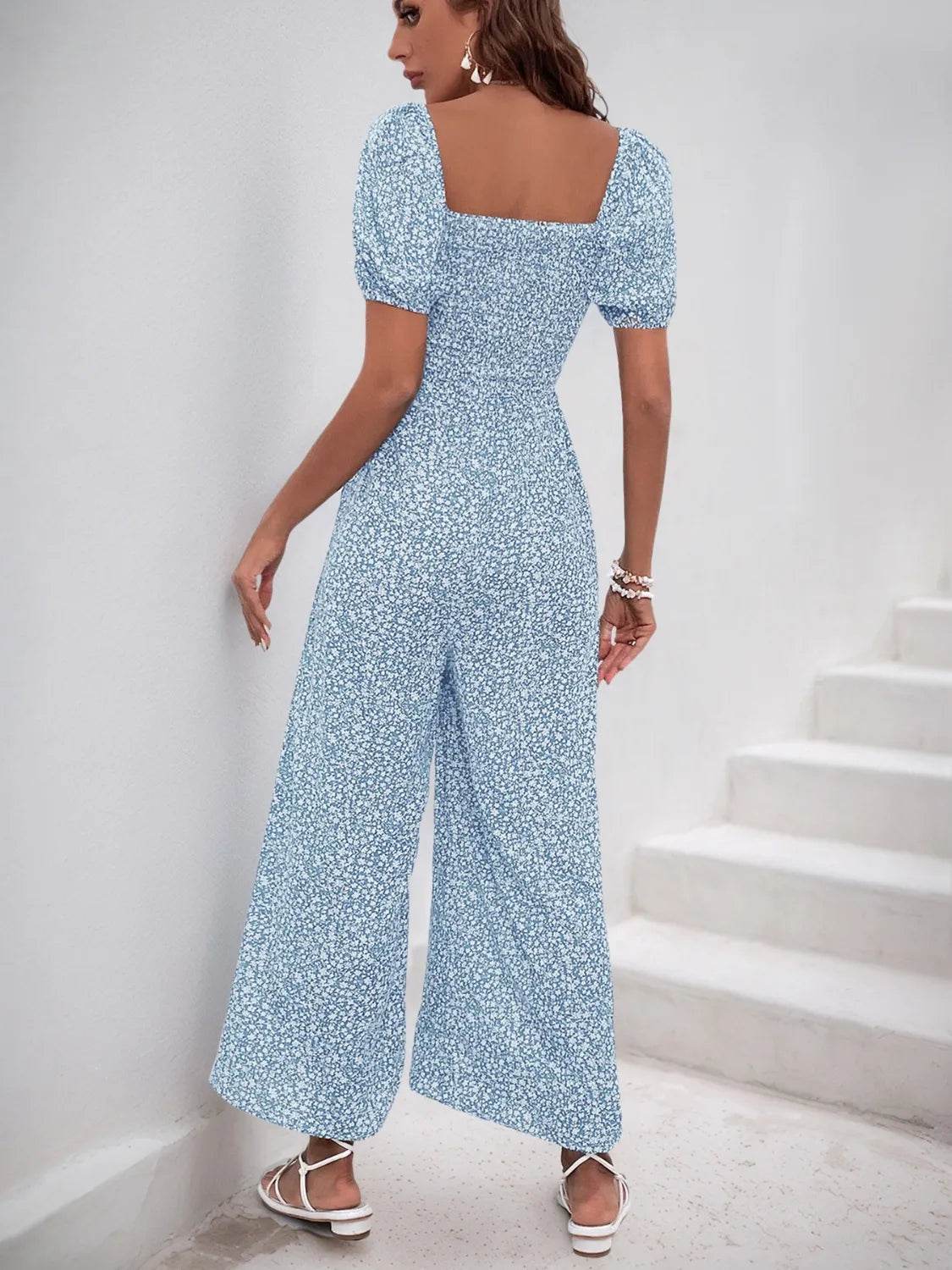 Printed Square Neck Puff Sleeve Jumpsuit - Ultim8 Designs 4 U