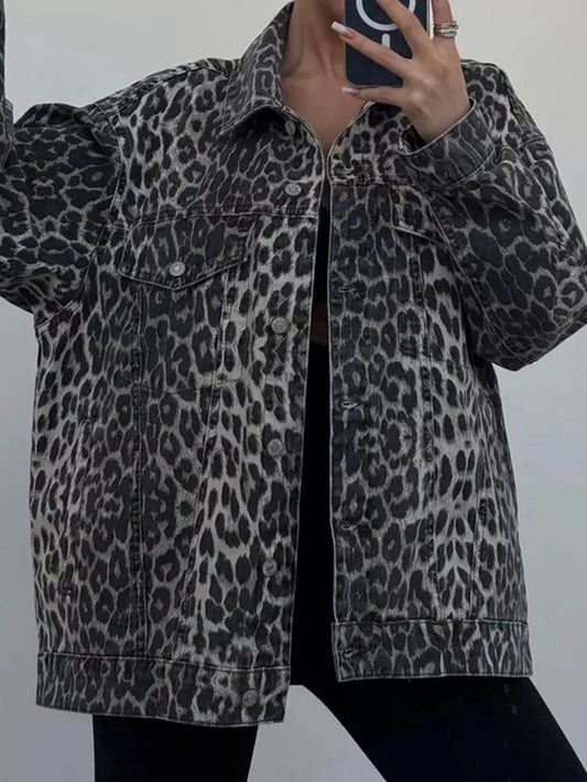 Leopard Button Up Long Sleeve Denim Top - Ultim8 Designs 4 U
