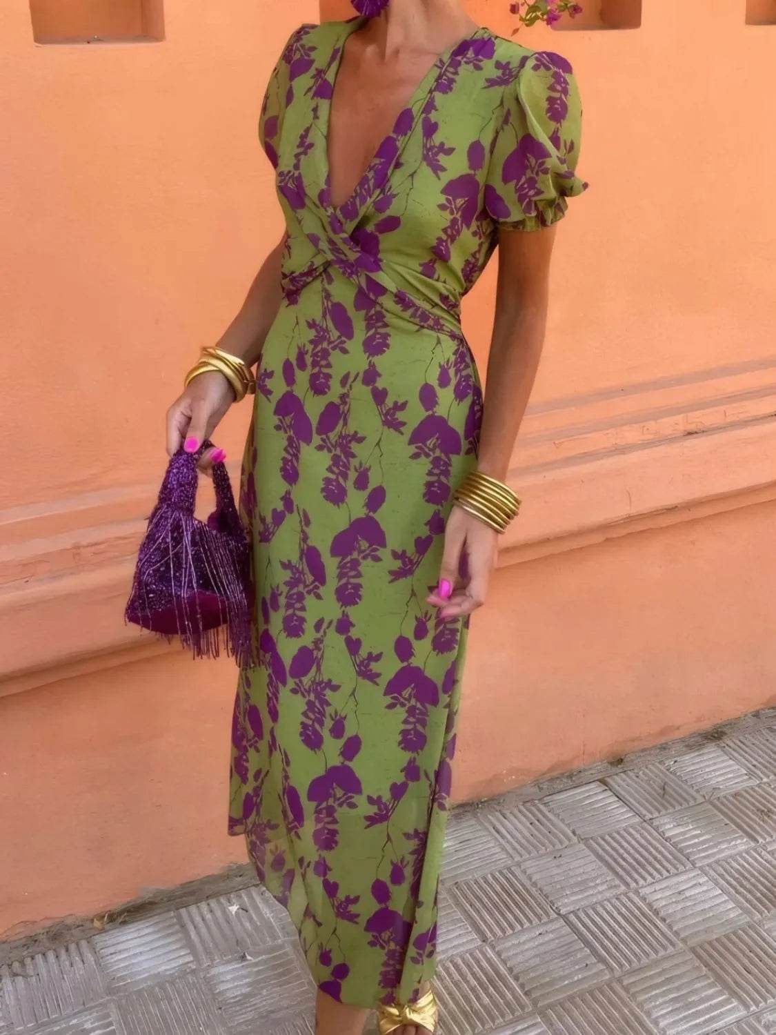 Printed Plunge Short Sleeve Midi Dress - Ultim8 Designs 4 U