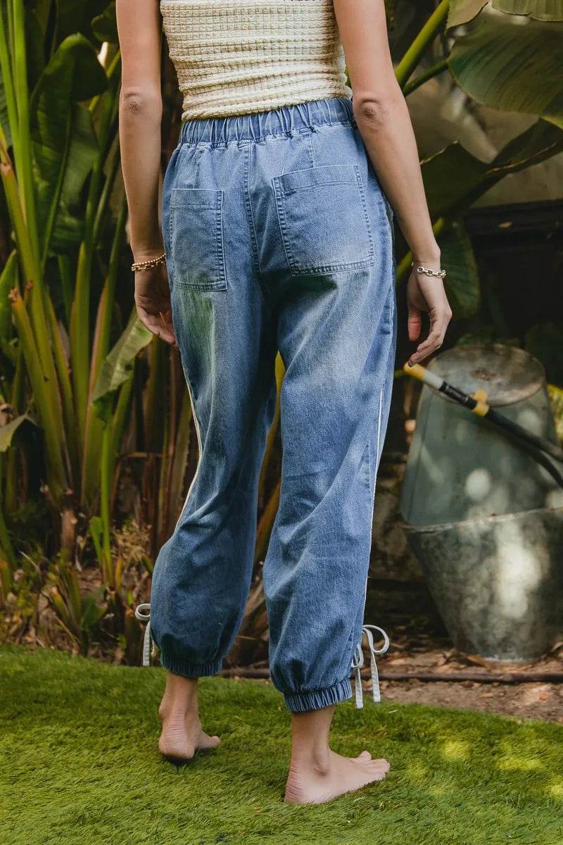 BiBi Striped Tape Details With Bot Tied Point Elastic Waist Jeans - Ultim8 Designs 4 U