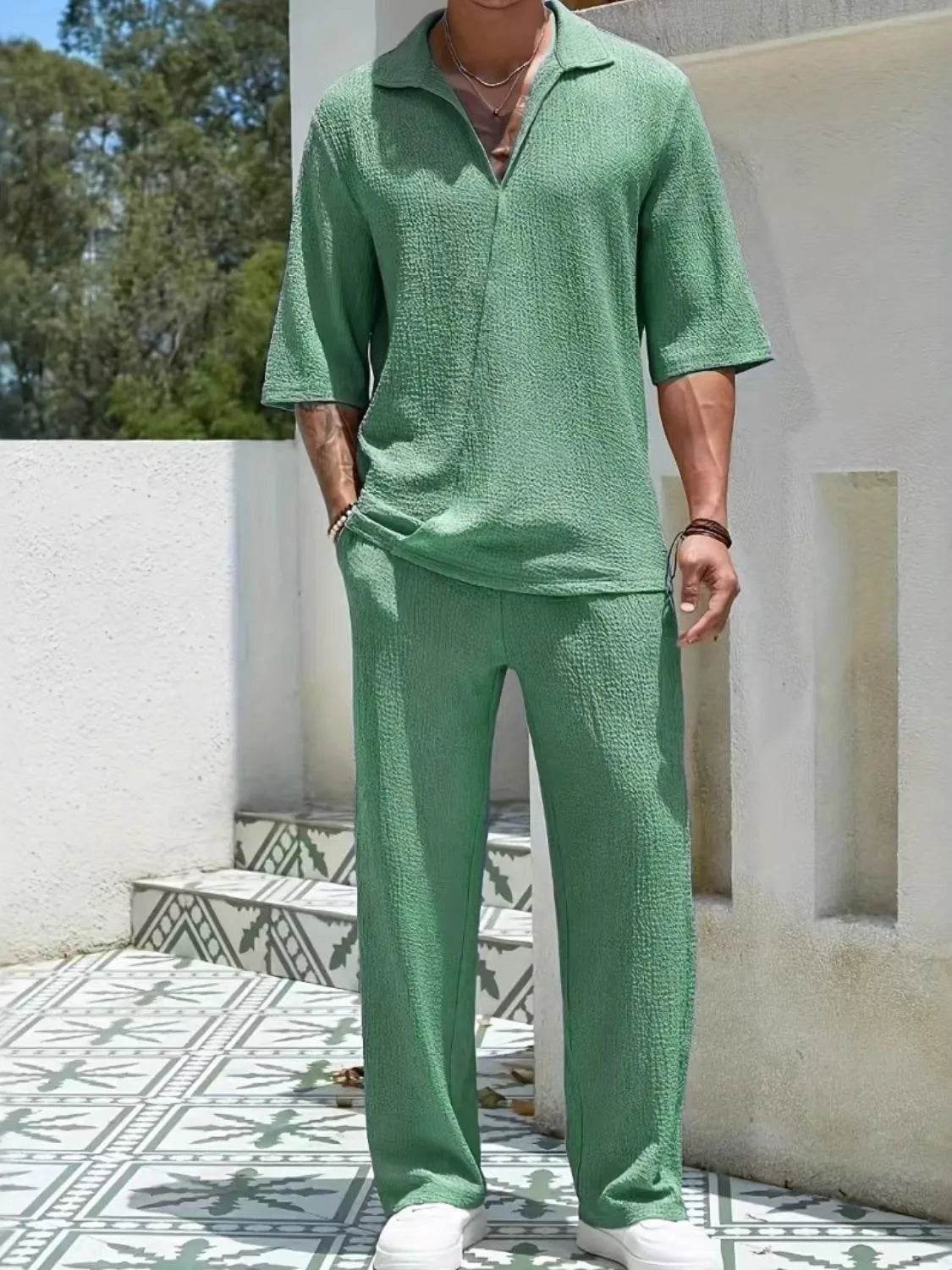 Men's Johnny Collar Half Sleeve Top and Pants Set - Ultim8 Designs 4 U