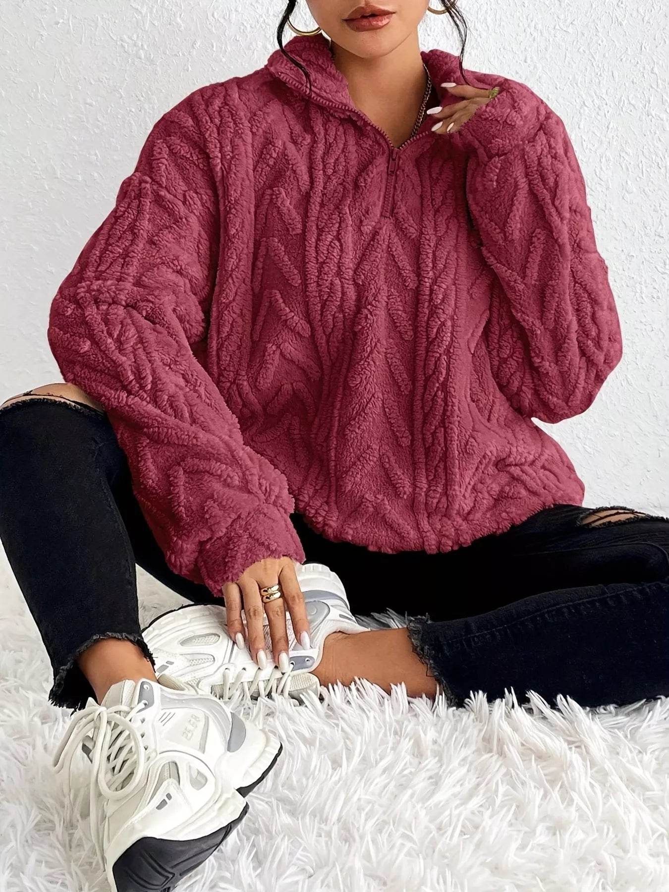 Quarter Zip Dropped Shoulder Sherpa Sweatshirt - Ultim8 Designs 4 U