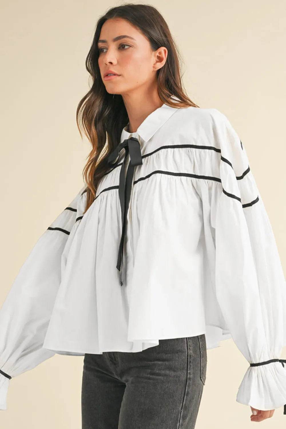 Ribbon Bowtie Collared Neck Flounce Sleeve Shirt - Ultim8 Designs 4 U