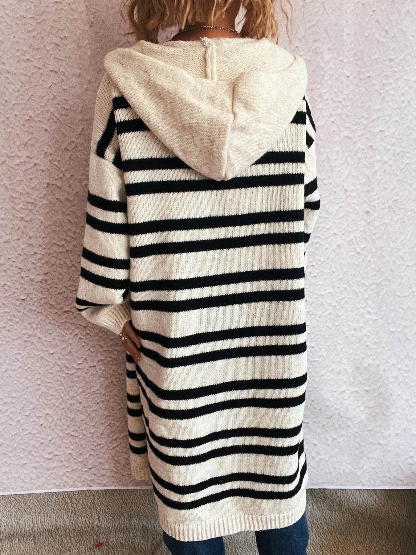 Striped Open Front Hooded Cardigan - Ultim8 Designs 4 U
