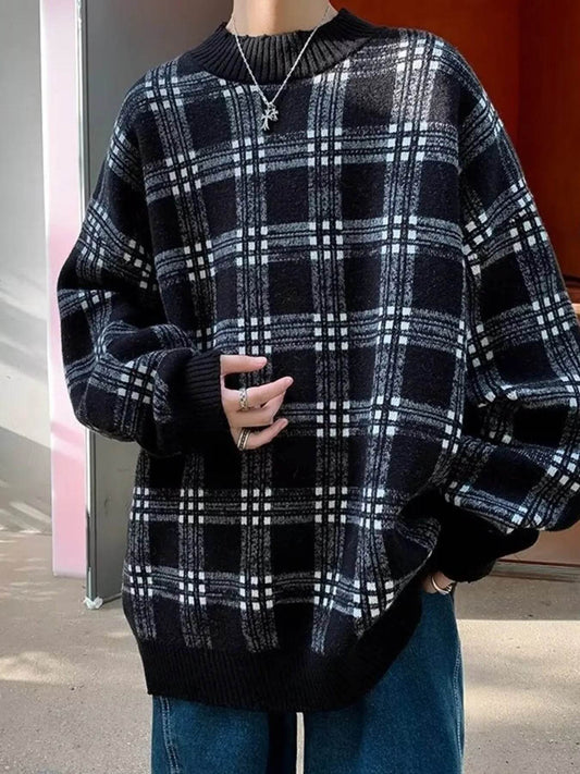 Men's Plaid Round Neck Long Sleeve Sweater - Ultim8 Designs 4 U