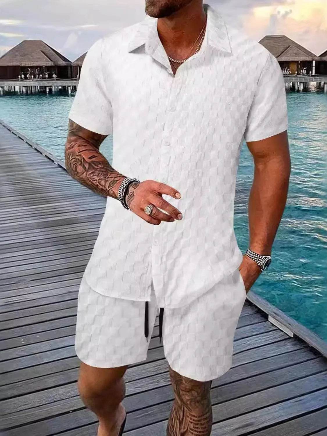 Men's Full Size Collared Neck Short Sleeve Top and Shorts Set Plus Size - Ultim8 Designs 4 U