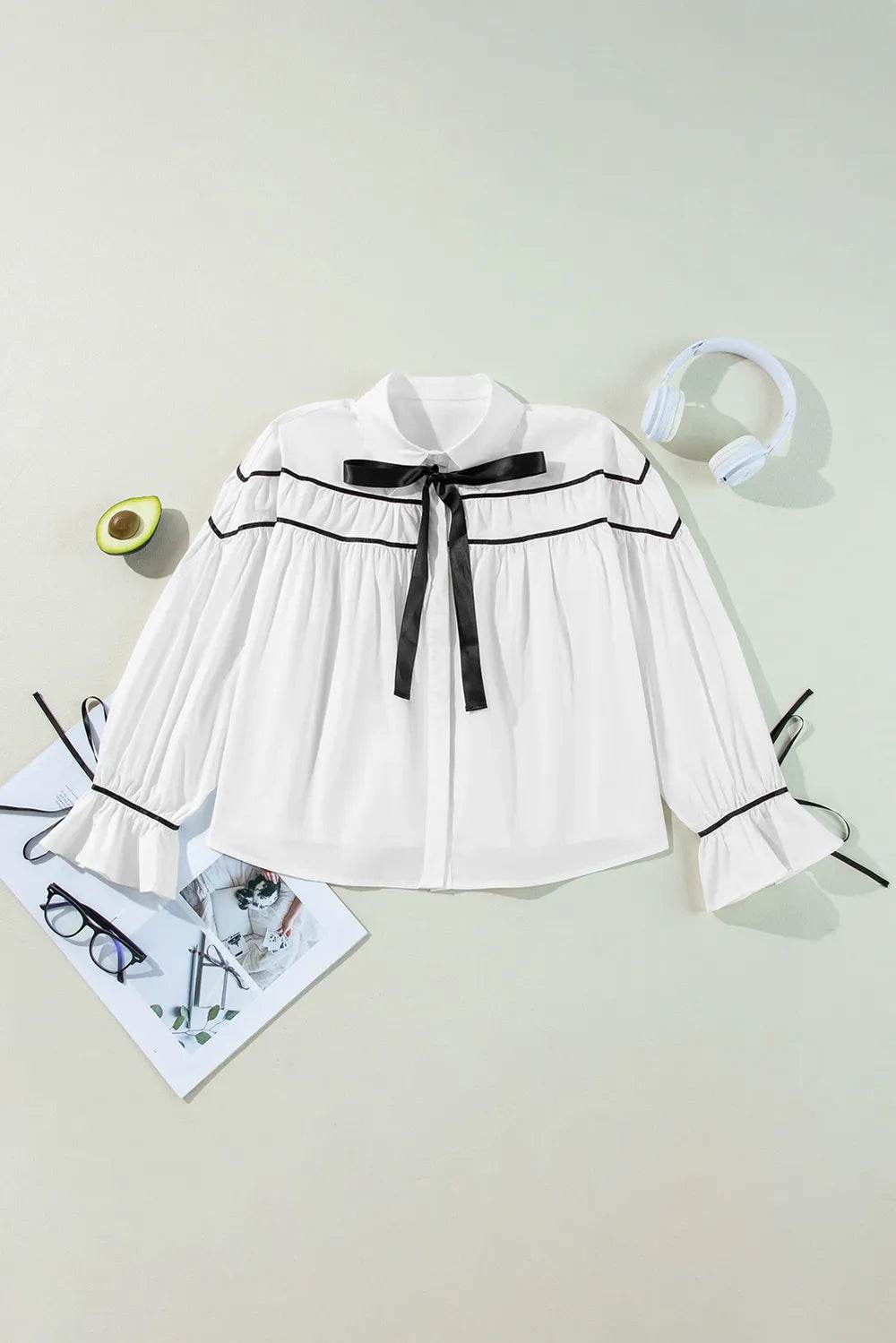 Ribbon Bowtie Collared Neck Flounce Sleeve Shirt - Ultim8 Designs 4 U