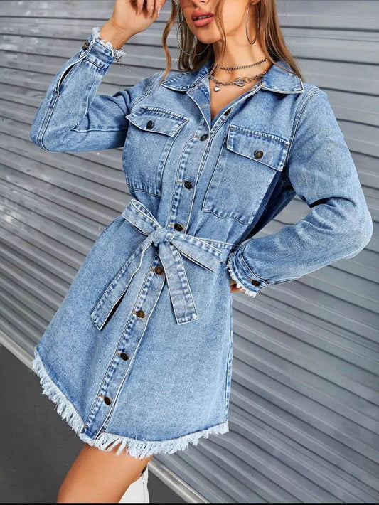 Raw Hem Collared Neck Long Sleeve Denim Dress - Ultim8 Designs 4 U