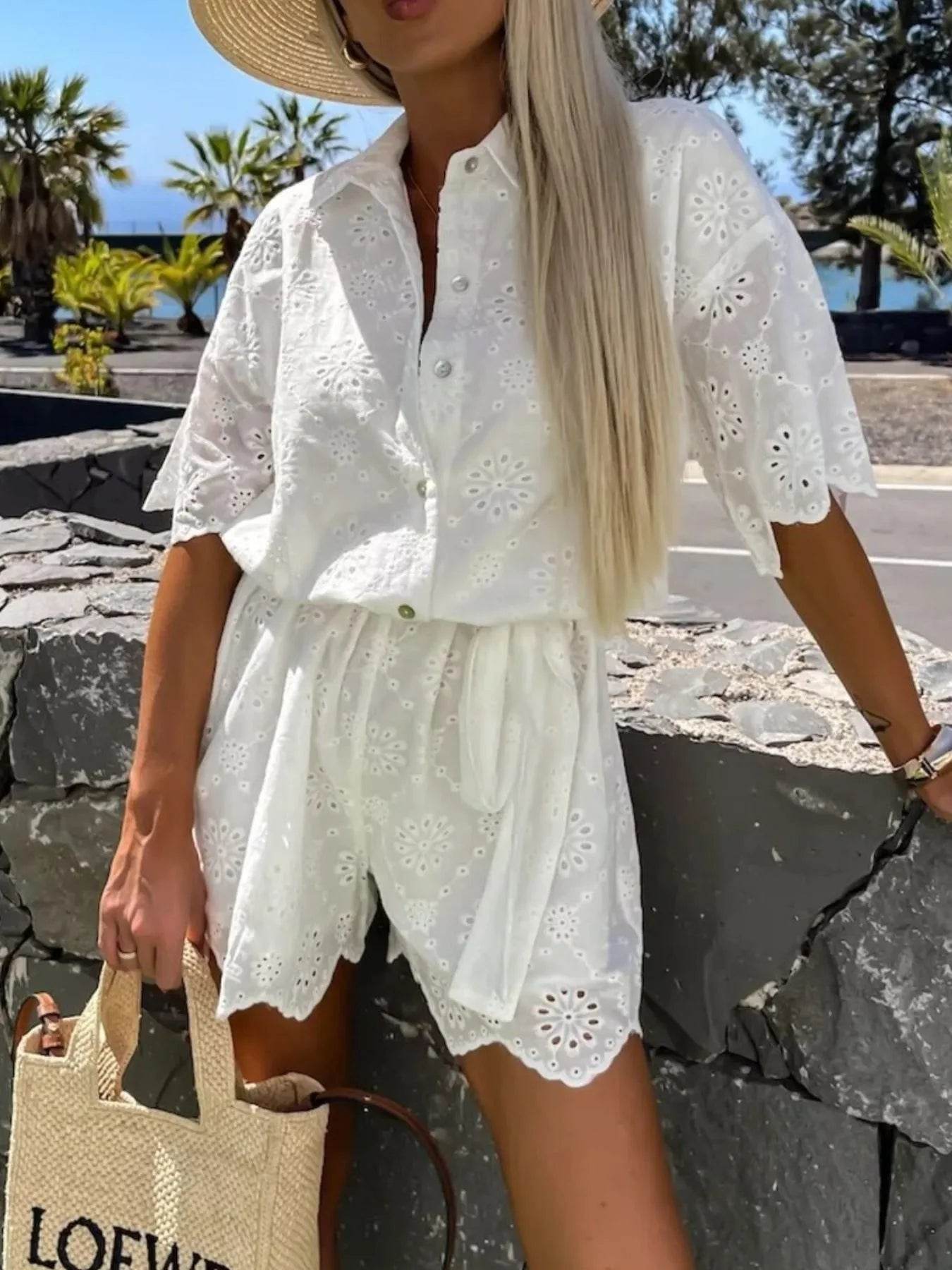Eyelet Lace Button-Up Romper - Ultim8 Designs 4 U