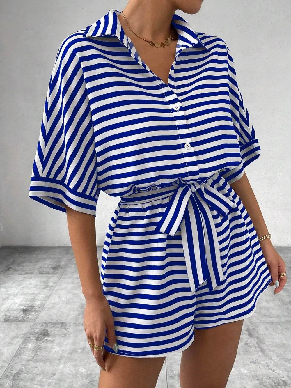 Tie Waist Half Button Striped Romper - Ultim8 Designs 4 U