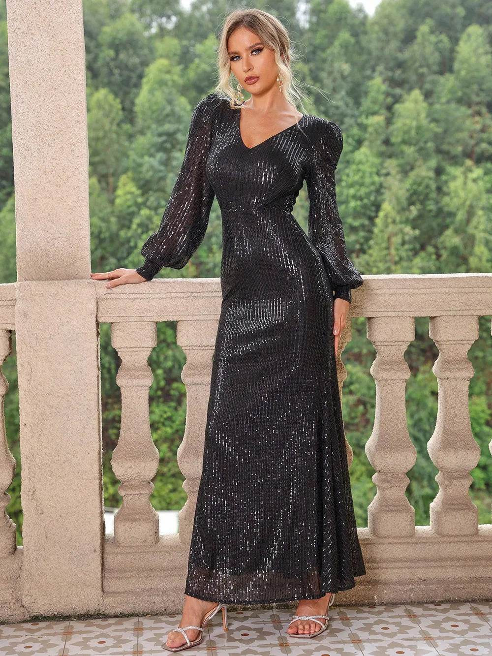 Sequin V-Neck Lantern Sleeve Maxi Dress - Ultim8 Designs 4 U