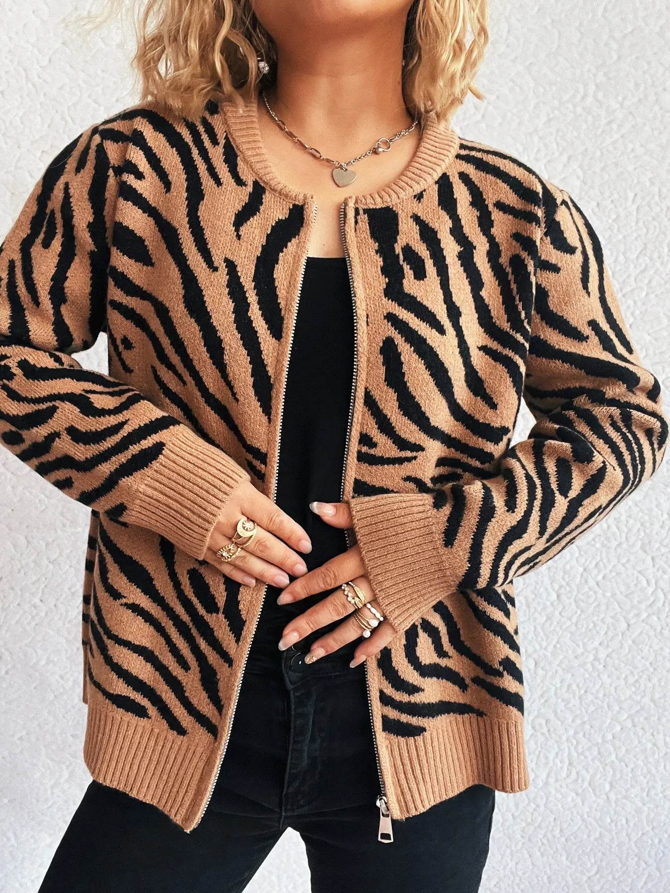 Zebra Print Zip Up Cardigan - Ultim8 Designs 4 U