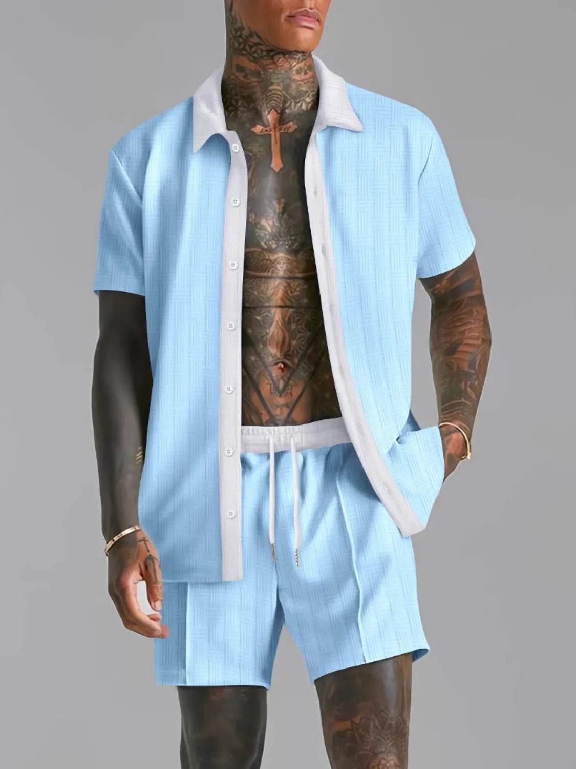 Men's Full Size Collared Neck Short Sleeve Top and Shorts Set Plus Size - Ultim8 Designs 4 U