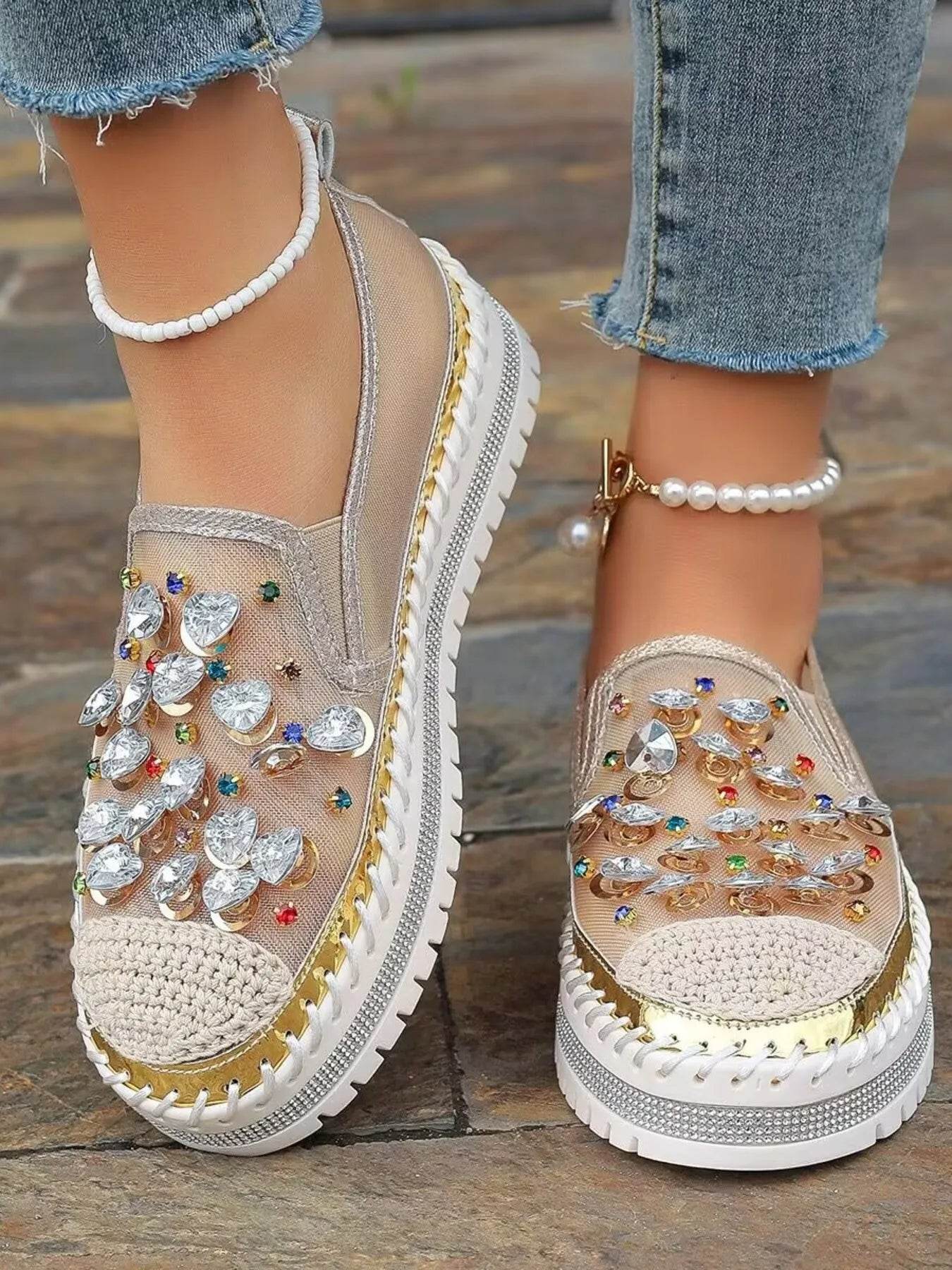 Rhinestone Embellished Platform Loafers - Ultim8 Designs 4 U