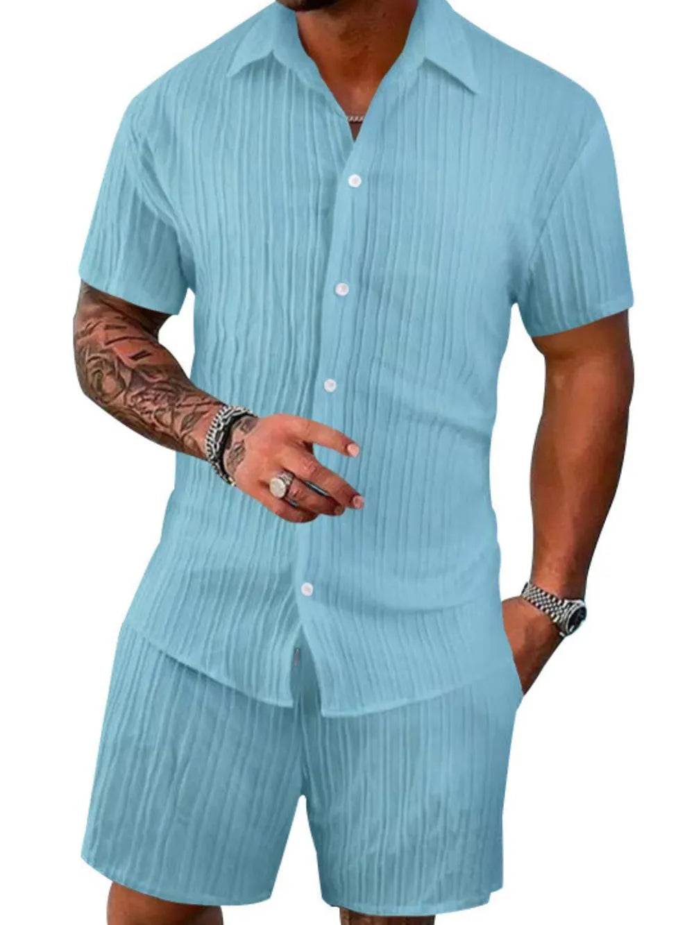 Men's Full Size Button Down Short Sleeve Shirt and Shorts Set Plus Size - Ultim8 Designs 4 U