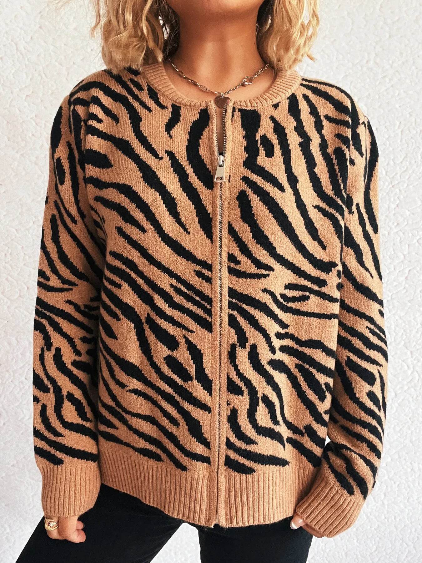 Zebra Print Zip Up Cardigan - Ultim8 Designs 4 U
