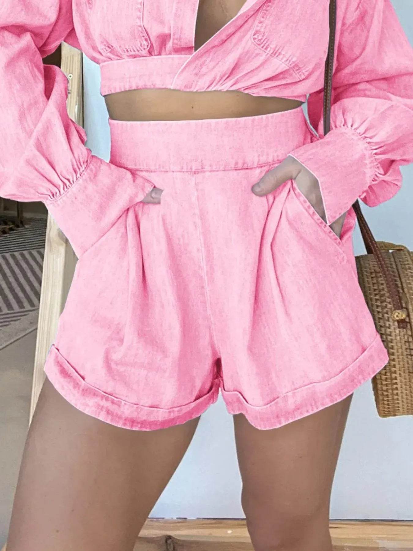 Full Size Long Sleeve Top and Shorts Denim Set Plus Size - Ultim8 Designs 4 U