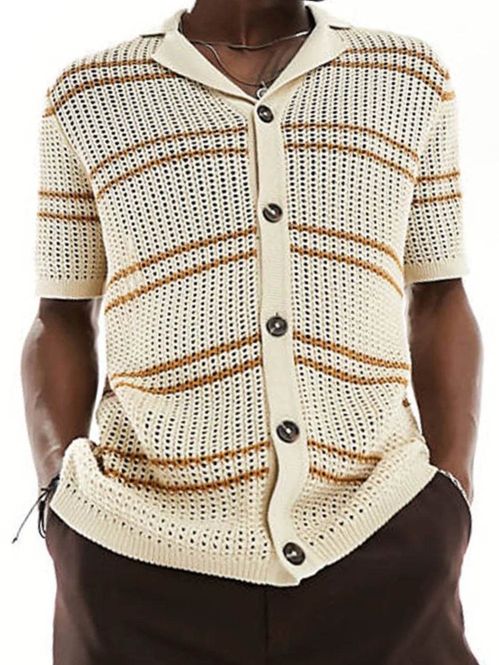 Men's Striped Collared Neck Hollow Out Shirt - Ultim8 Designs 4 U