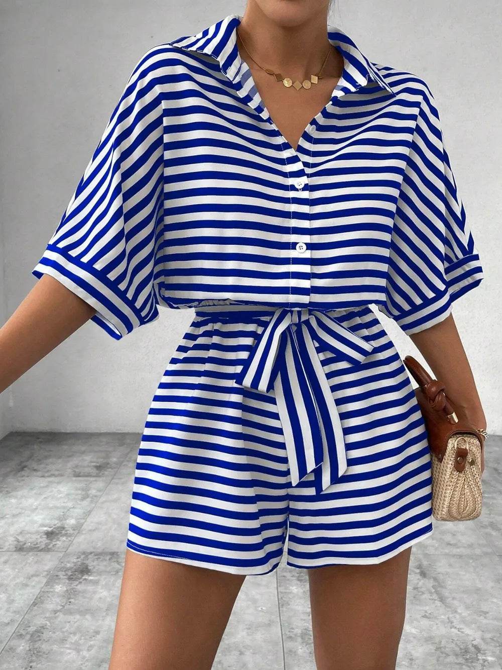 Tie Waist Half Button Striped Romper - Ultim8 Designs 4 U