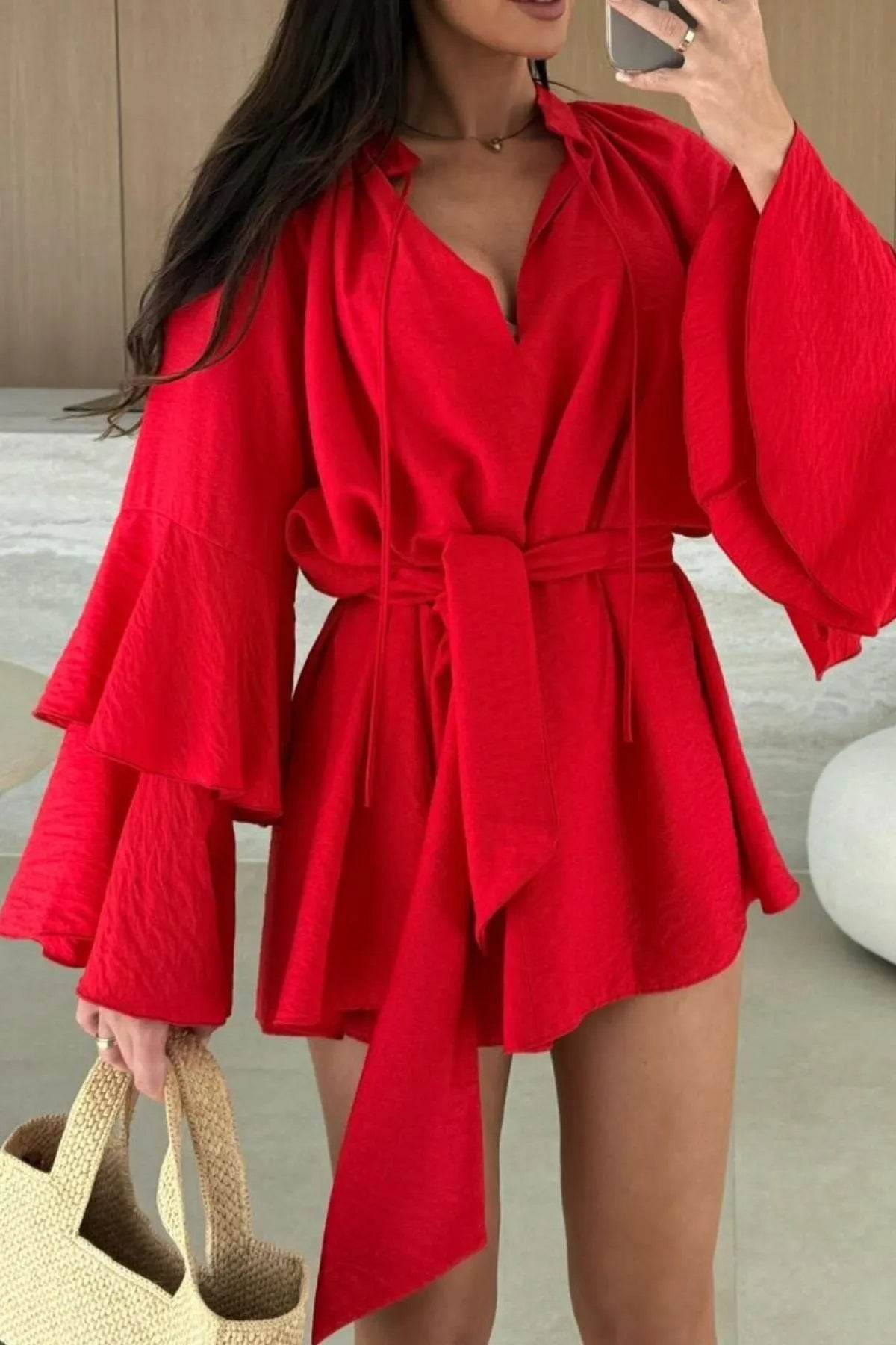 Bell Sleeve Tie Waist Mini Shirt Dress - Ultim8 Designs 4 U
